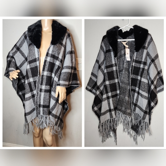 NWT Soft Surroundings Wool Alpaca Blend Black Grey Plaid Poncho Faux Fur Collar - Picture 1 of 16